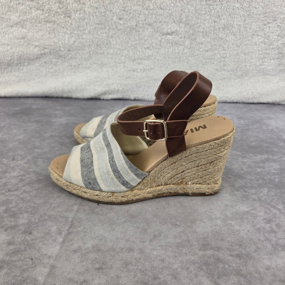 MIA Women Striped Espadrille Wedge Sandals Brown Grey White Ankle Strap Size 8